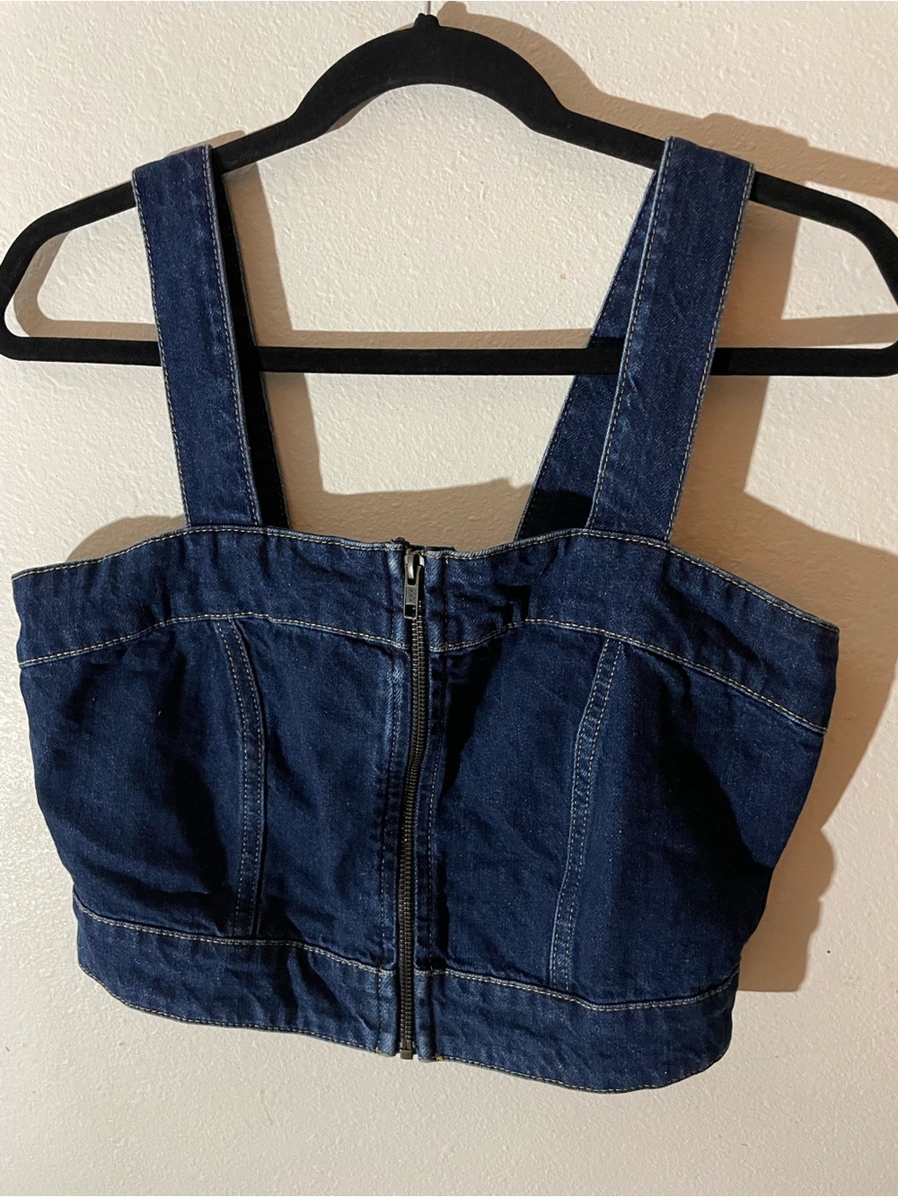 Denim Zip-Front Crop Bustier Top in Dark Blue